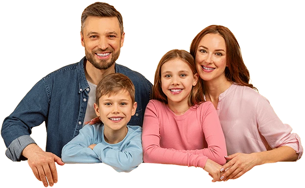 A smiling family of four poses together, radiating happiness and closeness. Casually dressed, they embody the values Casillas Insurance in Katy TX stands for—protecting what matters most with trusted insurance services.